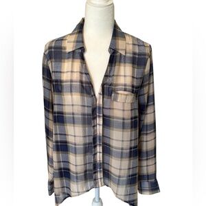 UNIQ Blue and Tan Plaid Semi Sheer Shirt Size Medium